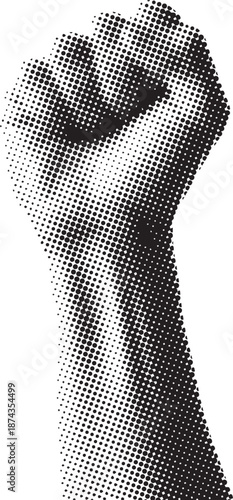 A black and white halftone illustration of a raised fist