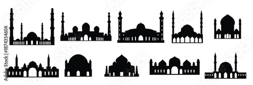 set of mosque silhouette building illustrations featuring