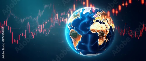 Glowing world globe rotates against a backdrop of rising stock market graphs; camera pans slowly in this cinematic depiction of global finance trends and economic growth.