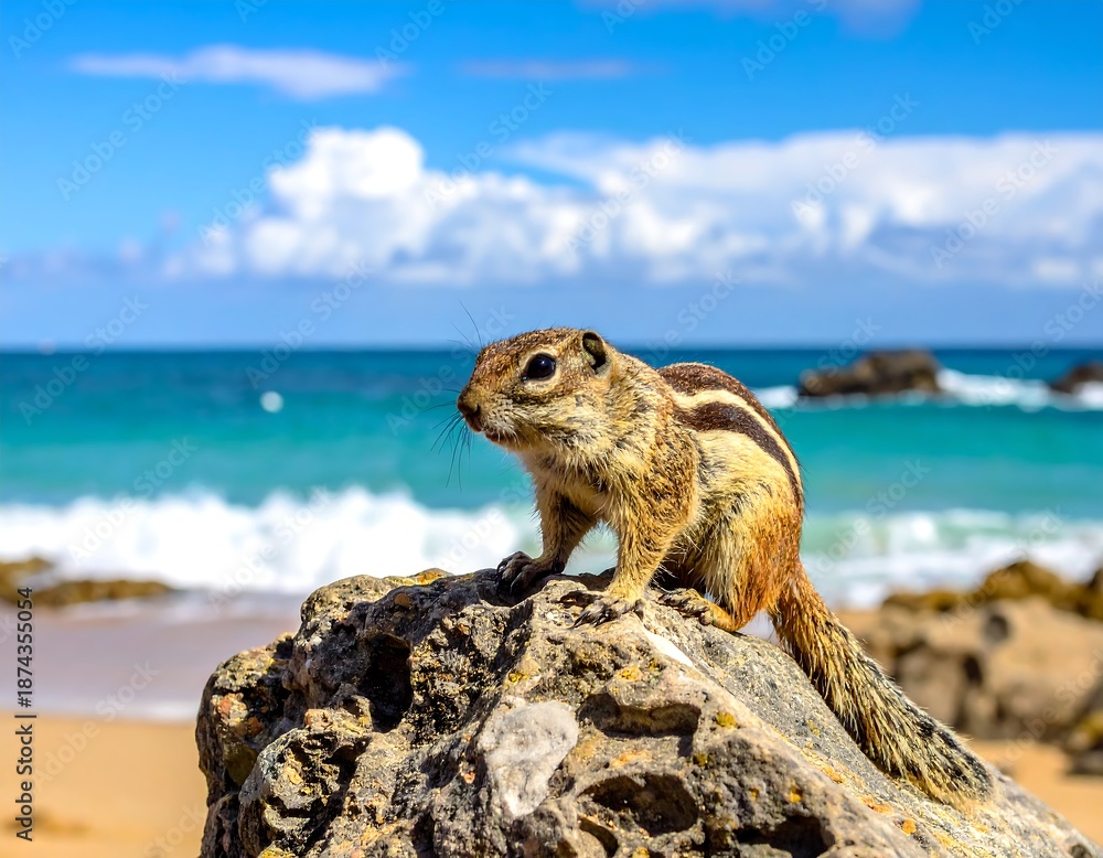 Fototapeta premium Ground squirrel perched on rock overlooking turquoise ocean