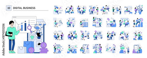 Digital Business Development Vector Illustration Set