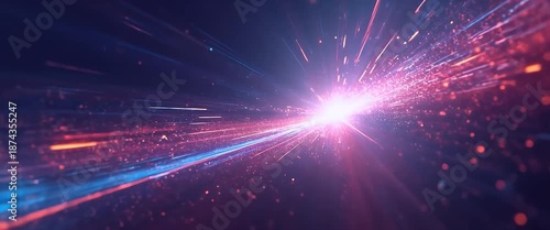 Dynamic light beams streak across a dark background, capturing high-speed motion with a slow zoom-in; particles shimmer in a cinematic, futuristic style, ideal for technology visuals.