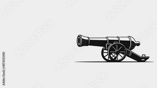 Black and white illustration of old cannon, featuring a vintage artillery gun design with large wheels. Old cannon model represents historical weaponry and military power.