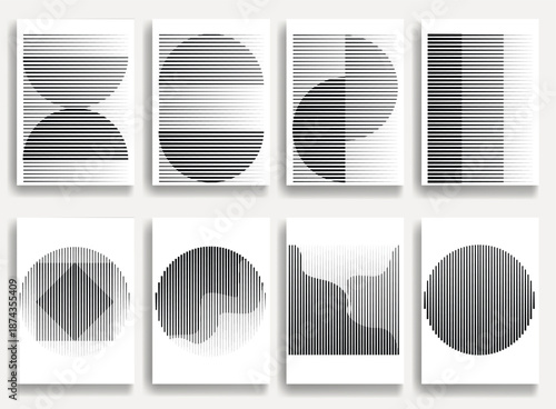 Geometric vector posters set with speed lines- modern geometric circles, semicircles , triangles pattern created with thick and bold dynamic lines for design. Shapes for posters and branding.
