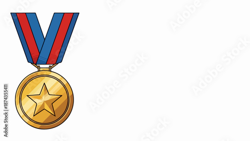Golden gold medal with star design and striped ribbon. Award medallion features shiny metallic finish, red blue ribbon symbolizing achievement. Concept gold medal for competition winners,