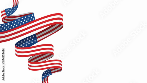 American flag ribbon swirls, creating patriotic visual on white background for events. American flag design perfect for holidays, commemorations. Commercial American flag concept for promotions.