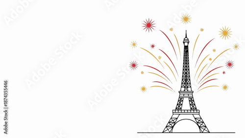 Eiffel Tower celebration with sparkling fireworks bursting above iconic Parisian landmark. Eiffel Tower celebration features dynamic light display illustration.