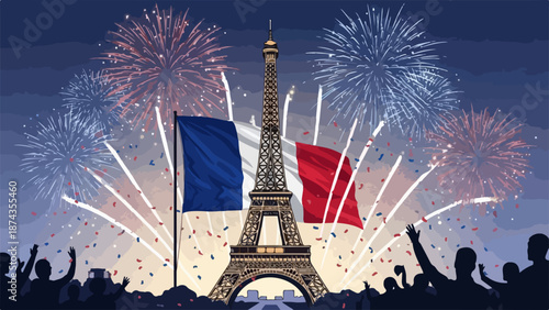 Eiffel Tower backdrop for vibrant Bastille Day, spectacular fireworks lighting up evening sky over city. French flags wave above jubilant crowd gathered for festive Bastille Day.