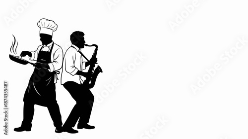 Chef music illustration featuring two silhouette figures, one chef cooking with steaming pan, another playing saxophone. Dynamic chef music illustrates culinary art, soulful melodies,