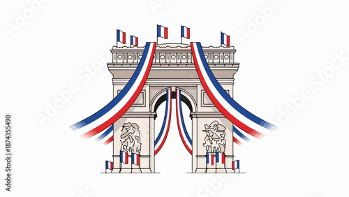 Arc de Triomphe illustration for Bastille Day celebration, adorned with French flags and patriotic red, white, blue banners. Parisian monument decorated for festive Bastille Day celebration event.