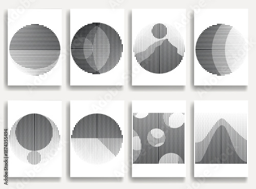 Geometric vector posters set with speed lines- modern geometric circles, semicircles , triangles pattern created with thick and bold dynamic lines for design. Shapes for posters and branding.

