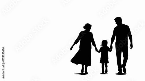 Family silhouette on white background showing parents and child holding hands. Family silhouette represents unity and connection, parents and daughter walking together.