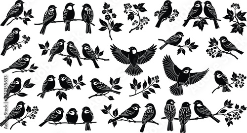 Bird and branch silhouette set, perched and flying poses, floral nature design, black and white illustration, decorative graphic element