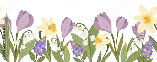 Purple crocus, yellow daffodils and blue muscari flowers, hand drawn botanical floral vector seamless border with spring plants