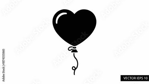 Black Heart Shaped Balloon Icon Isolated on White Background.