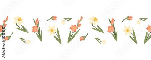 Yellow daffodils and pink spring flowers with green leaves, hand drawn botanical floral vector seamless border on white background