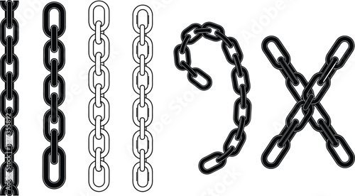 Black and White Vector Chain Link Collection with Seamless Industrial Metal Chains Heavy Duty Steel Links for Borders Graphic Design and Mechanical Engineering Icons