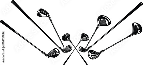 Black and White Vector Illustration of Professional Golf Clubs Set with Drivers and Irons Isolated on White Background for Sports Equipment Graphic Design