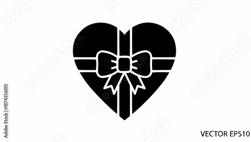 Black heart shaped gift box with ribbon and bow icon.
