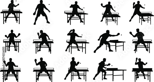 Black silhouette collection of professional table tennis players in various action poses and ping pong strokes isolated on white background for sports design