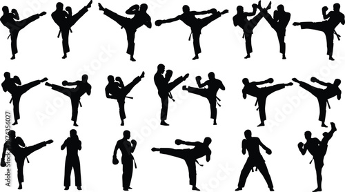Black silhouettes of male martial arts fighters performing high kicks and punches in karate or kickboxing style isolated on a white background for design.