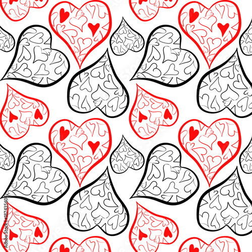 Seamless pattern for Valentine's Day from red and black hearts. Silhouettes on a white background. Minimalistic vector illustration dedicated to the concept of love. 