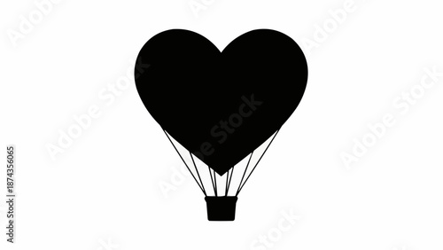 Black Heart Shaped Hot Air Balloon Silhouette Isolated.