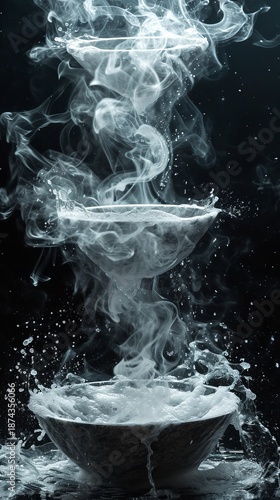 Vertical abstract composition of water splashing and smoke rising from bowls. Dramatic steam and liquid motion on black background. Mystery and alchemy concept