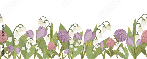 Pink clover, purple crocus and white lily of the valley flowers, hand drawn botanical floral vector seamless border with wild plants