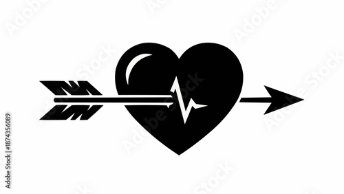 Black Heart Symbol Pierced by Arrow with Heartbeat Line.