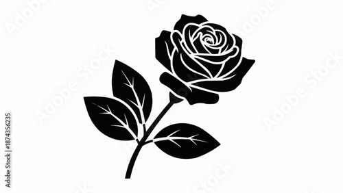 Black silhouette of a blooming rose with leaves.