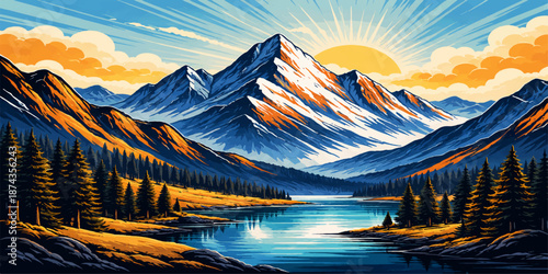 Sunset reflecting in a calm mountain lake during a golden summer peak view with clouds and forest