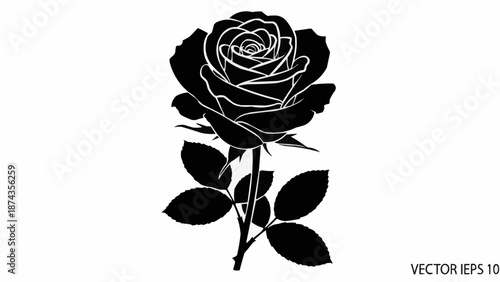 Black silhouette of a blooming rose with leaves and stem.