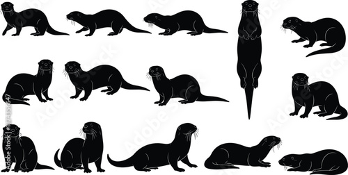 Set of black otter silhouettes in various poses isolated on white background for wildlife logo design, aquatic mammal icons, and nature vector illustrations.
