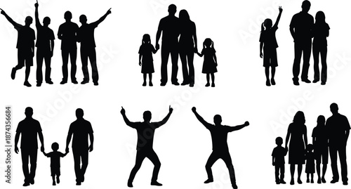 Set of black people silhouettes showing happy families holding hands, friends pointing, and men celebrating with raised arms isolated on white background vector illustration.