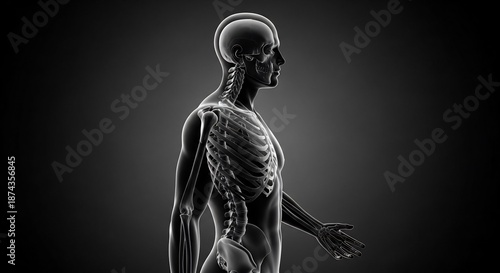 Walking gait analysis, human skeleton side profile, spine posture alignment, orthopedic motion capture, biomechanics anatomy, medical physiology scan, healthy bone structure