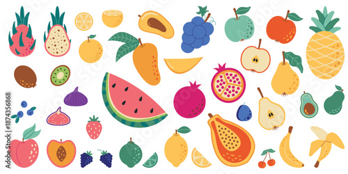 Bright flat vector illustration with wide variety of tropical and exotic fruits like mango, papaya, pineapple, avocado, watermelon, apple, dragon fruit. Perfect for healthy food, summer, nutrition