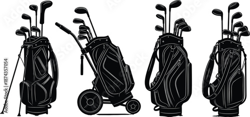Vector Silhouette Set of Professional Golf Bags with Clubs Featuring Stand Bag Cart Bag and Travel Bags for Sport Equipment and Tournament Graphics