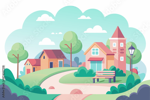 Colorful village scene with houses church and bench in a park setting