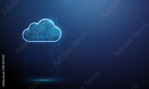 Cloud icon with a stream of blue digital points. Data flow, information processing, analytics, digital network, monitoring, insight, optimization concept.
