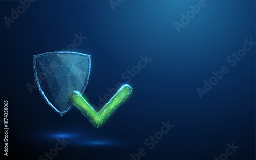3D blue shield with a green check mark. Security protection, safety approval, verified status, trusted access, certified confirmation concept.