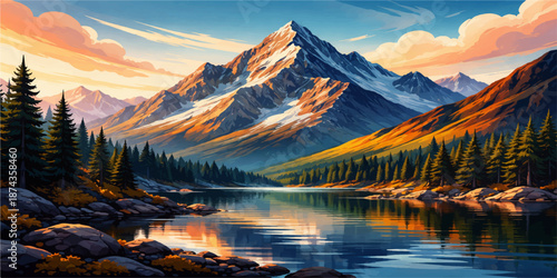 Scenic sunrise over the snowy mountains and calm lake with a vibrant sky reflection and forest landscape in a panoramic summer valley view