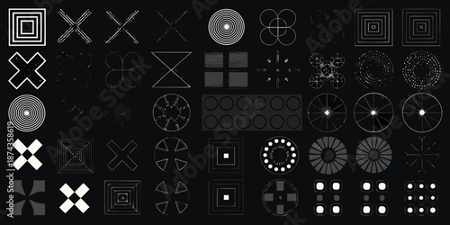 Arrangement of geometric shapes and patterns in white on black background