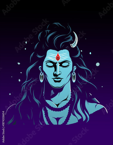 Stylized vector portrait of the Hindu god Shiva meditating with a third eye and crescent moon.