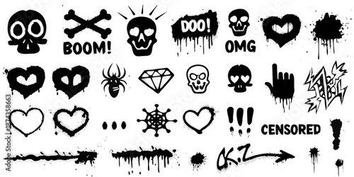 Collection of edgy black and white graffiti style stickers and design elements