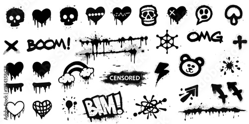 A collection of black spray paint style graphics featuring skulls hearts and text