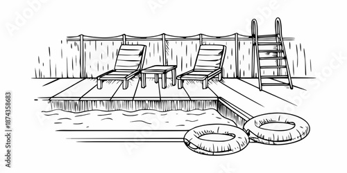 A sketch of a poolside area with lounge chairs and swimming floats