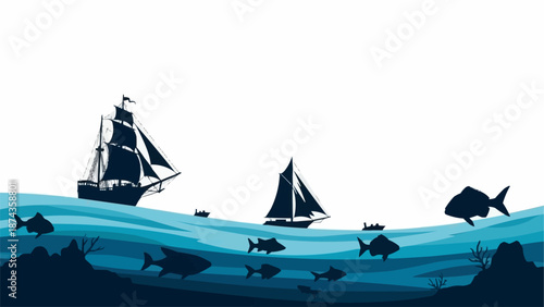 Sailing ships on the ocean with fish swimming below.