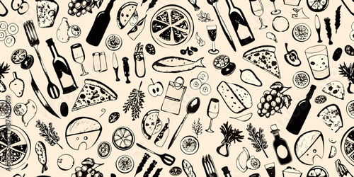 A seamless pattern of sketched food items including pizza fruit and cutlery