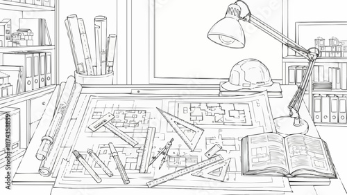 Architectural drawing desk with blueprints and drafting tools.